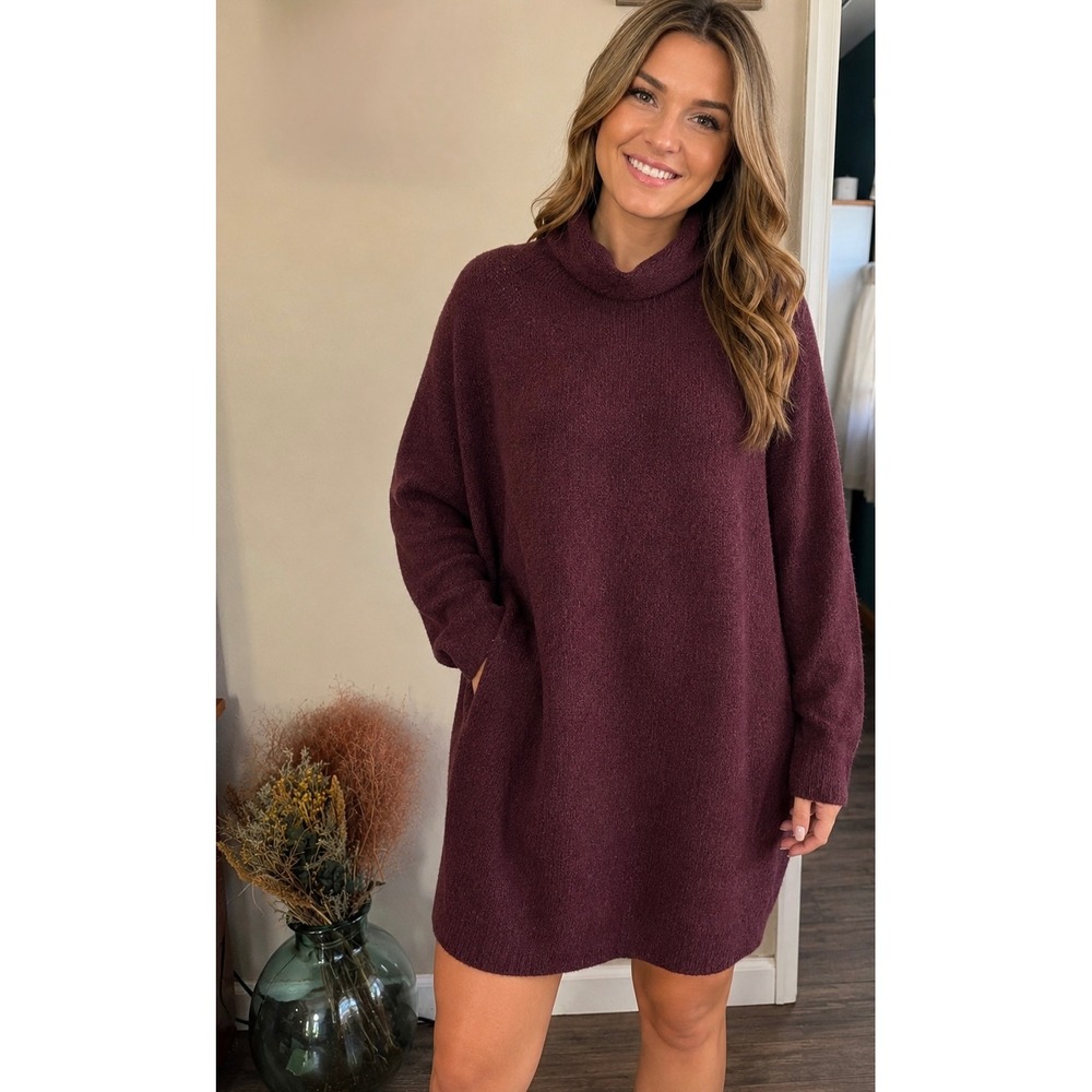 Aerie Womens XL Oversized‎ Turtleneck Sweater Dress Burgundy Alpaca Wool Blend